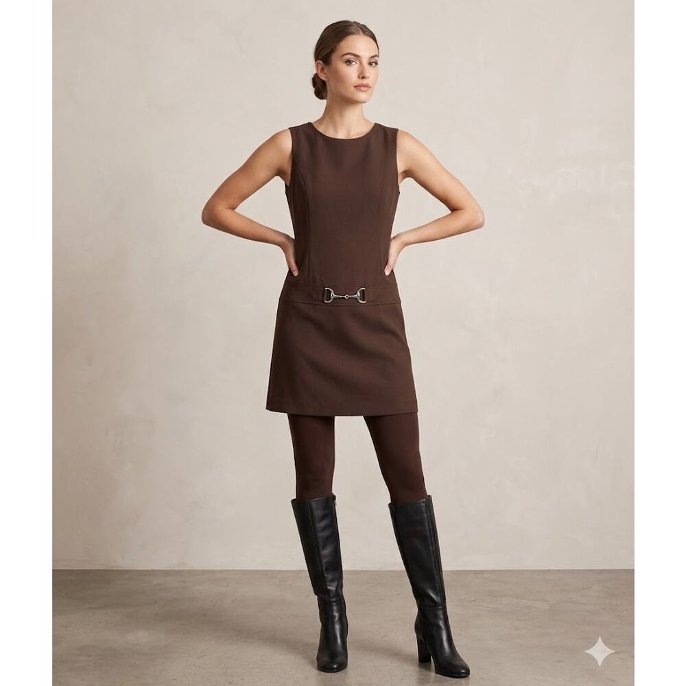 NY Sake Vintage Sleeveless Wool Sheath Layering buckle Scoop Neck Dress Brown